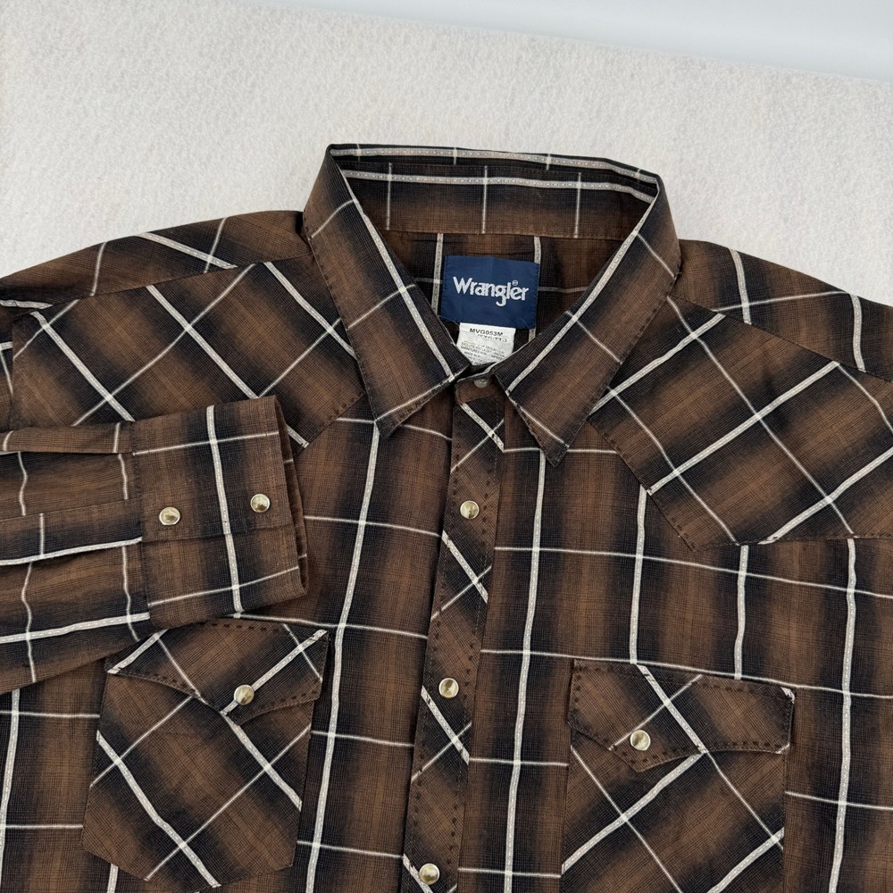 Wrangler Pearl Snap Men XXL Long Sleeve Western Shirt Brown Plaid Texas Workwear
